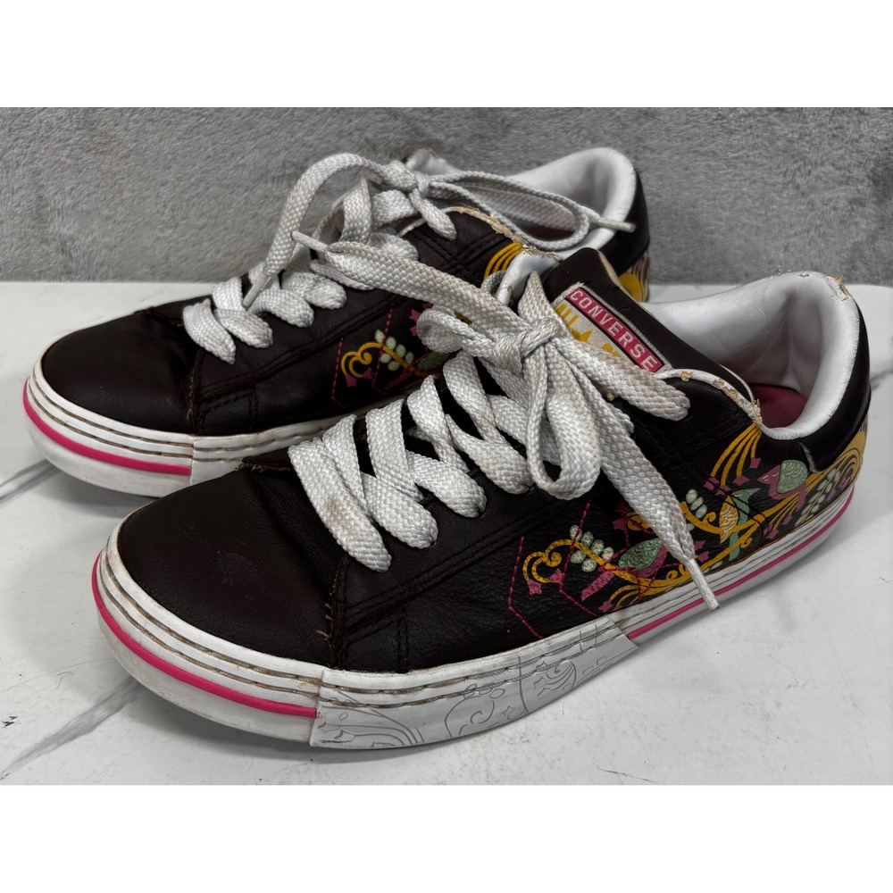 Converse Leather Low Top Sneakers Women 9.5 Brown Floral Bird Embroidered Fair